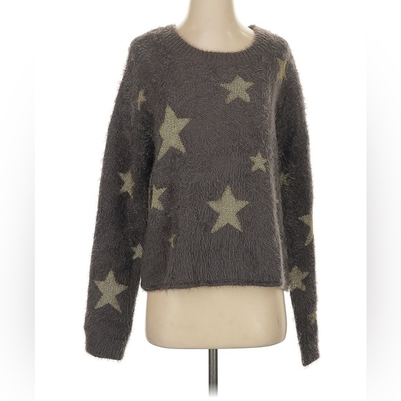 Show Me Your MuMu Textured Eyelash Gray Sweater Gold Sparkly Stars, medium - Picture 1 of 5